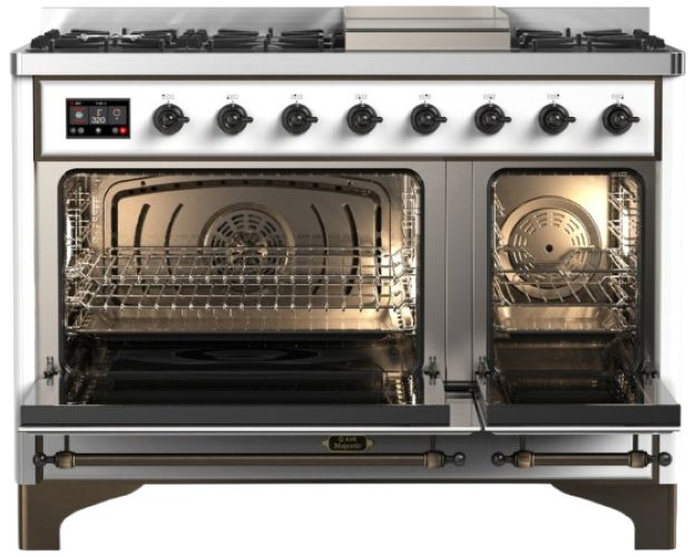 Ilve® Majestic III 48" White Pro Style Dual Fuel Liquid Propane Range with Griddle and Burnished Trim-1
