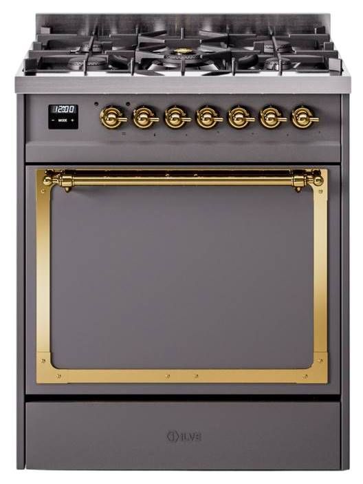 Ilve® Nostalgie II Noblesse 30'' Graphite Matte Pro Style Dual Fuel Range with Brass Trim-0