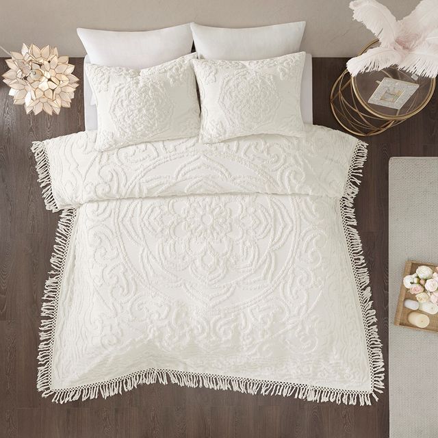 Olliix by Madison Park Ivory Twin/Twin XL Laetitia Tufted Cotton Chenille Medallion Fringe Coverlet Set-2