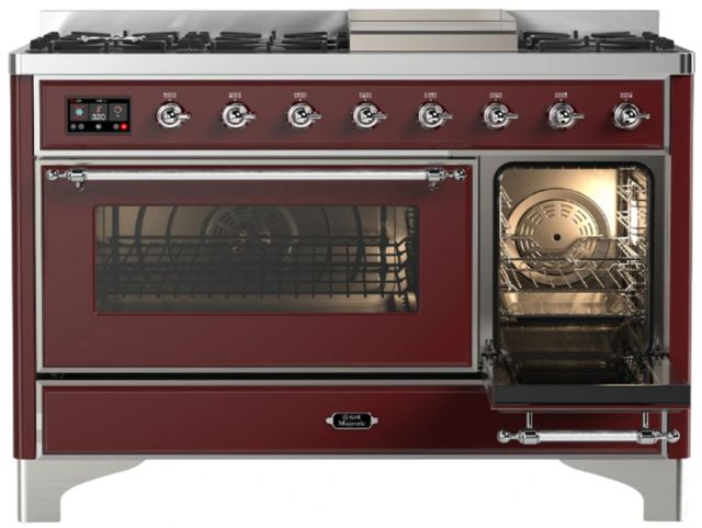 Ilve® Majestic III 48" Burgundy Pro Style Dual Fuel Liquid Propane Range with Triple Glass Door and Chrome Trim-2