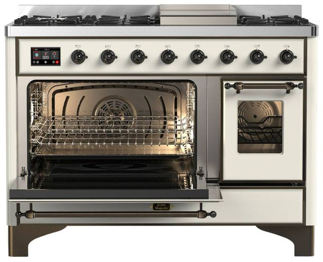 Ilve® Majestic III 48" Antique White Pro Style Dual Fuel Natural Gas Range with Triple Glass Door and Burnished Trim-1