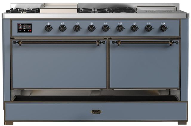 Ilve® Majestic III 60" Blue Gray Pro Style Dual Fuel Natural Gas Range with Griddle and Burnished Trim-2