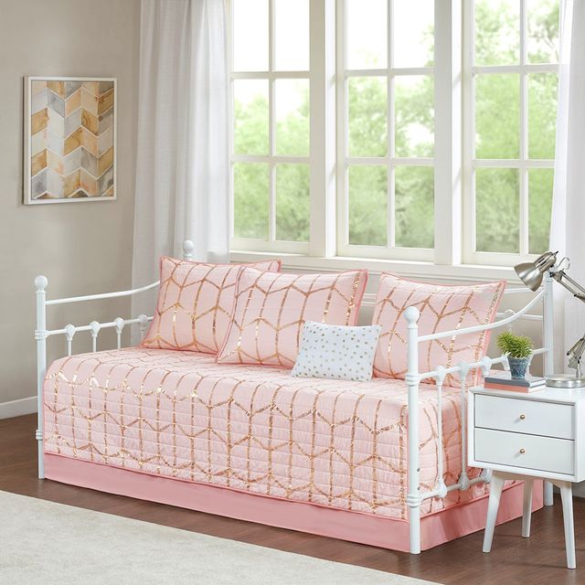 Olliix by Intelligent Design Raina Blush Six Piece Metallic Printed Reversible Daybed Set-0