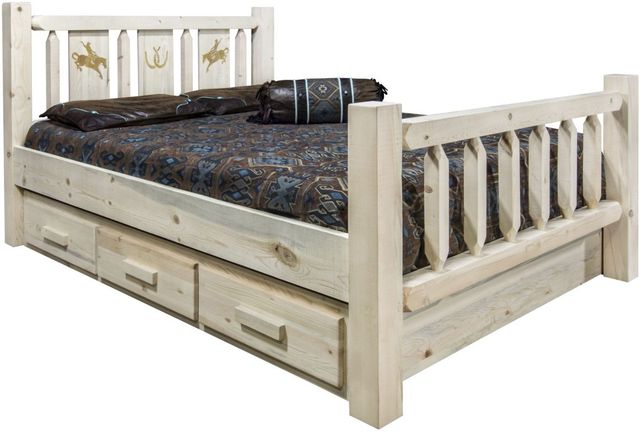 Montana Woodworks® Homestead Clear Lacquer California King Storage Bed with Laser Engraved Bronc Design-0