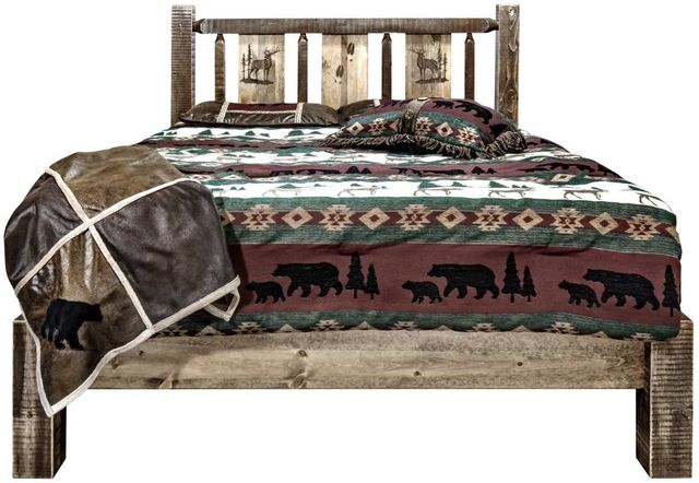 Montana Woodworks® Homestead Stain & Clear Lacquer King Platform Bed with Laser Engraved Elk Design-1