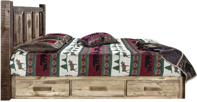 Montana Woodworks® Homestead Stain & Clear Lacquer Full Platform Storage Bed with Laser Engraved Pine Design-2