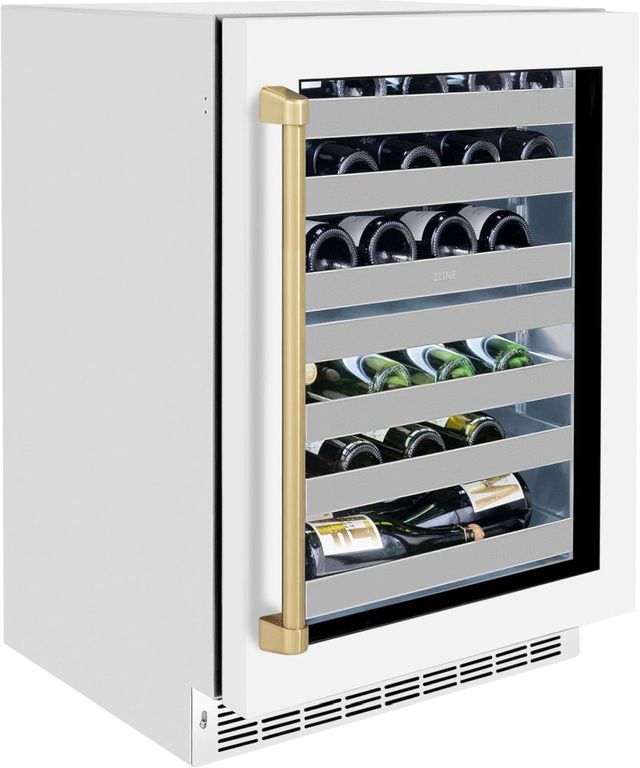 ZLINE Autograph Edition Touchstone 24" 4.8 Cu. Ft. Stainless Steel Wine Cooler with White Matte Glass Door and Champagne Bronze Handle-2