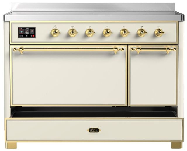 Ilve® Majestic III 48" Antique White Pro Style Induction Range with Solid Door and Brass Trim-2