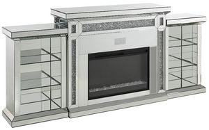 ACME Furniture Noralie Faux Diamonds/Mirrored Fireplace with LED and Bluetooth