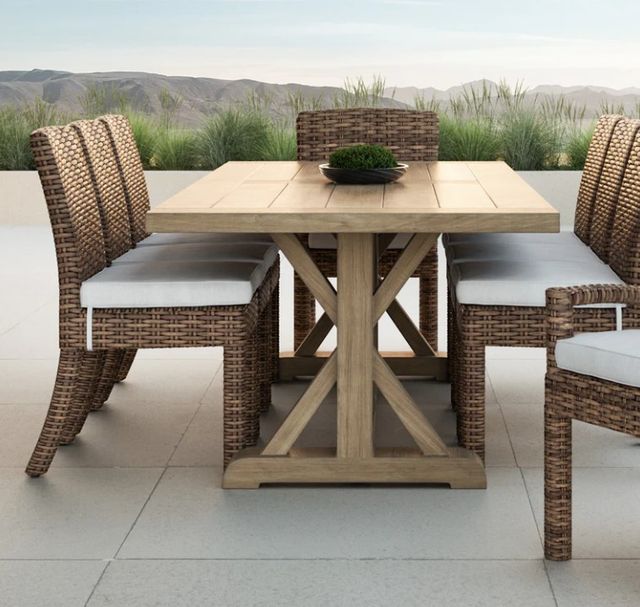 Sunset West Havana Aged Tobacco Resin Wicker Outdoor Dining Side Chair with Canvas Flax Cushion-1