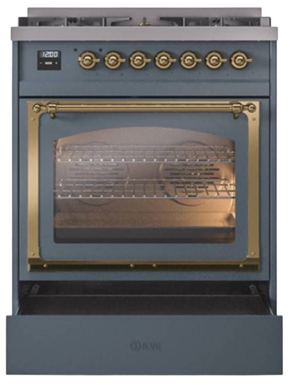 Ilve® Nostalgie II Noblesse 30" Blue Gray Pro Style Dual Fuel Range with Brass Trim-3
