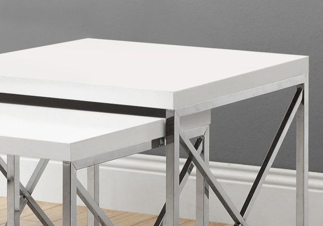 Monarch Specialties Inc. 2-Piece Glossy White Top Chrome Metal Frame Nesting Tables Sets-1