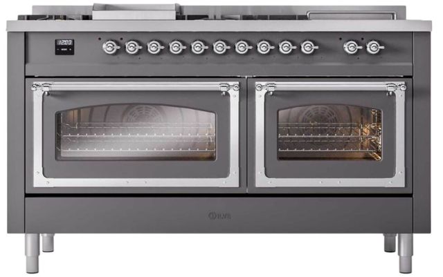 Ilve® Nostalgie II Noblesse 60'' Graphite Matte Pro Style Dual Fuel Range with Chrome Trim-1