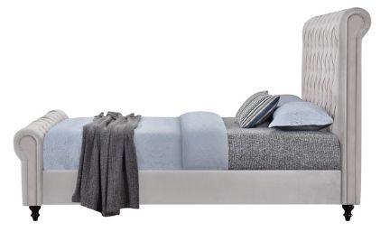 Milton Greens Stars Light Gray Full Velvet Rolled Top Tufted Platform Bed-3