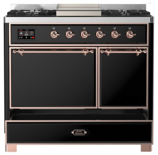 Ilve® Majestic III 40" Glossy Black Pro Style Dual Fuel Liquid Propane Range with Solid Door and Copper Trim-2