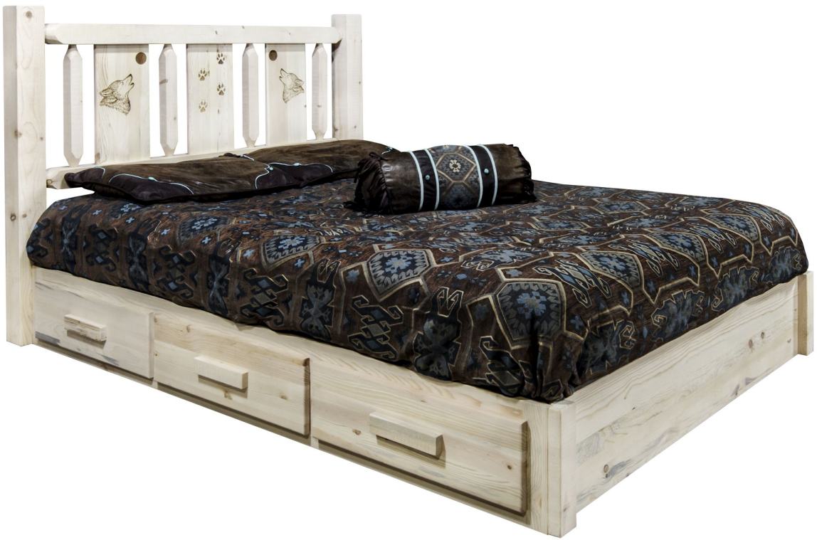 Montana Woodworks® Homestead Ready to Finish Queen Platform Storage Bed with Laser Engraved Wolf Design
