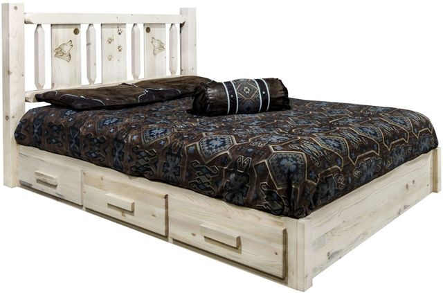 Montana Woodworks® Homestead Ready to Finish Queen Platform Storage Bed with Laser Engraved Wolf Design-0