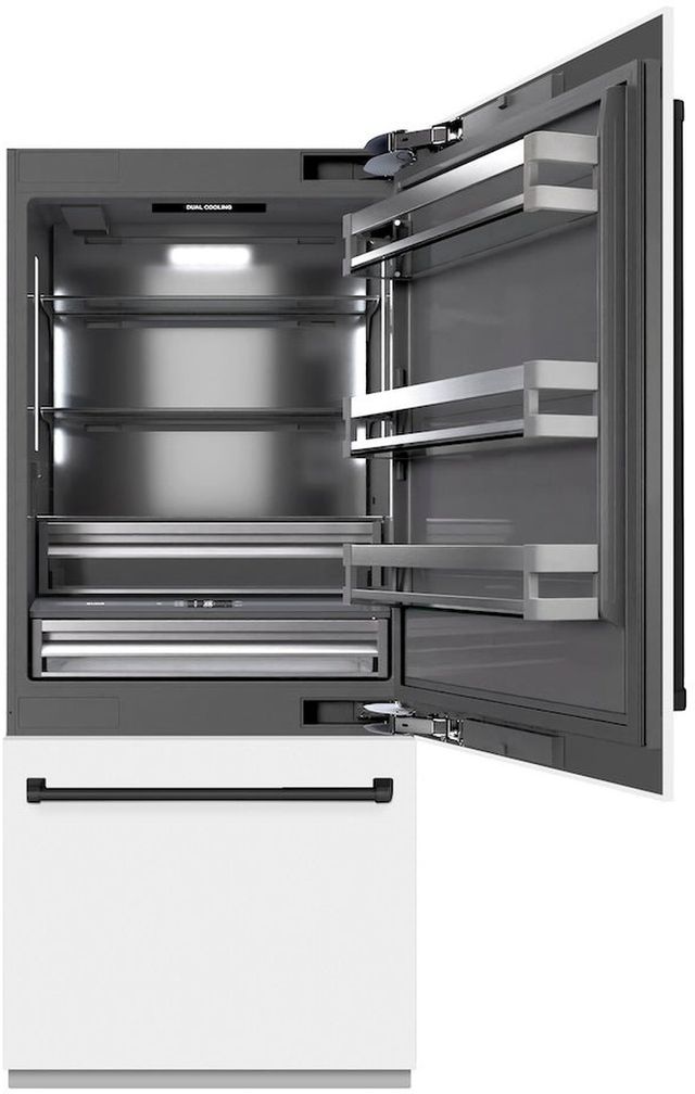 ZLINE Autograph Edition 36" 19.8 Cu. Ft. White Matte Built-In Bottom Freezer Refrigerator with Water Dispenser, Ice Maker, Graphite Gray Interior, and Matte Black Accents-3