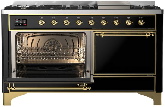 Ilve® Majestic III 60" Glossy Black Pro Style Dual Fuel Liquid Propane Range with Solid Door and Brass Trim-2