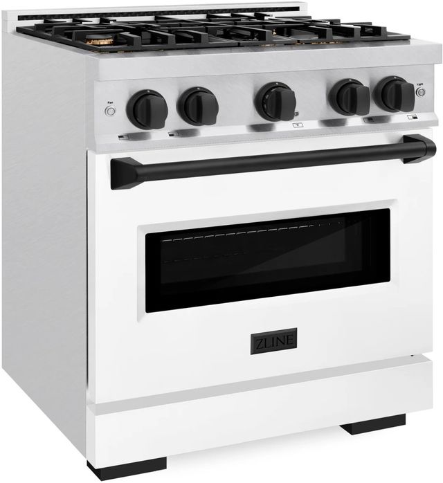 ZLINE Classic Autograph Edition 30" Satin Stainless Steel Pro Style Dual Fuel Range with White Matte Door and Matte Black Accents-2