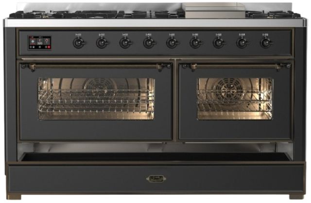 Ilve® Majestic III 60" Graphite Matte Pro Style Dual Fuel Liquid Propane Range with Triple Glass Door and Burnished Trim-2