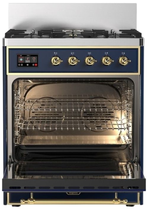Ilve® Majestic III 30" Midnight Blue Pro Style Dual Fuel Liquid Propane Range with Solid Door and Brass Trim-1