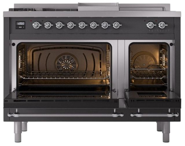 Ilve® Nostalgie II Noblesse 48'' Graphite Matte Pro Style Dual Fuel Range with Chrome Trim-1