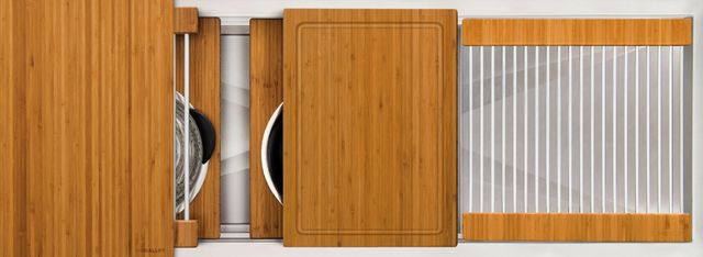 The Galley® Natural Golden Bamboo Ideal Workstation 3S + 18" DryDock® Drain Side, Five Tool Culinary Kit, One DryDock® Tool-0