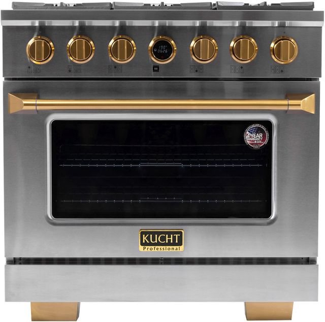 Kucht Professional KX Series 36" Stainless Steel Pro Style Dual Fuel Range with Gold Accents and Kucht Horus Thermostat-0