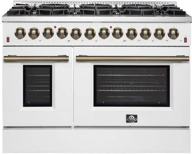 FORNO® Galiano 48" Stainless Steel Pro Style Dual Fuel Range with White Door with Antique Brass Accents-0