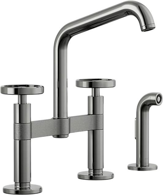 KOHLER® Billet® Vibrant Titanium 2-Hole Bridge Kitchen Sink Faucet with Side Sprayer and Round Handles-0