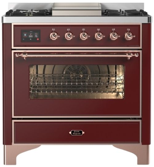 Ilve® Majestic III 36" Burgundy Pro Style Dual Fuel Liquid Propane Range with 6 Black Brass Burners and Copper Trim-0
