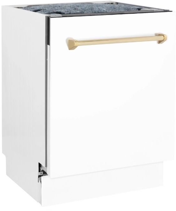 ZLINE Autograph Edition Tallac 24" White Matte Top Control Built In Tall Tub Dishwasher with Polished Gold Handle-2