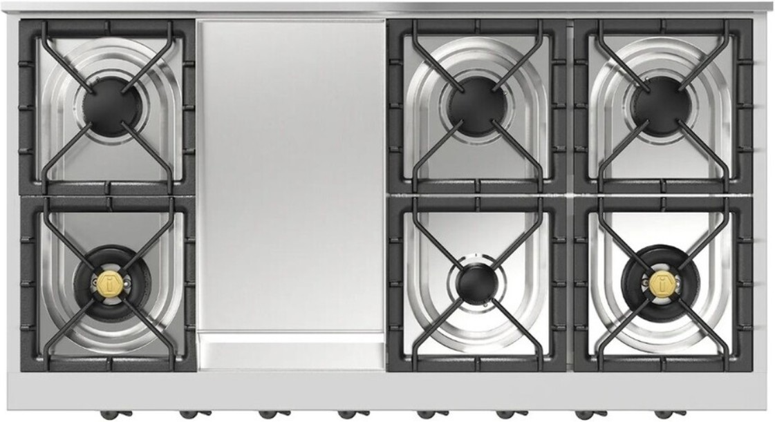 Ilve Nostalgie II 48” Stainless Steel Liquid Propane Rangetop with 8 Burners, Griddle and Burnished Trim