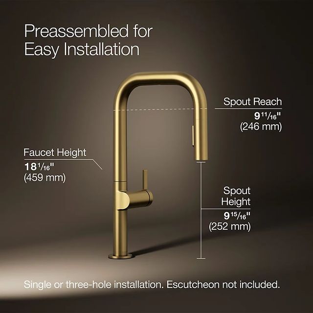 KOHLER® Components® Vibrant Brushed Moderne Brass 18" Touchless Kitchen Sink Faucet with 2-Function Sprayhead-2