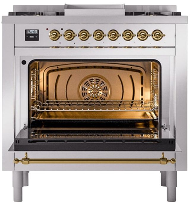 Ilve® Nostalgie II Noblesse 36'' Stainless Steel Pro Style Dual Fuel Range with Brass Trim-2
