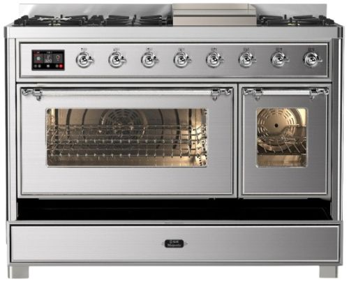 Ilve® Majestic III 48" Stainless Steel Pro Style Dual Fuel Liquid Propane Range with Griddle and Chrome Trim-2