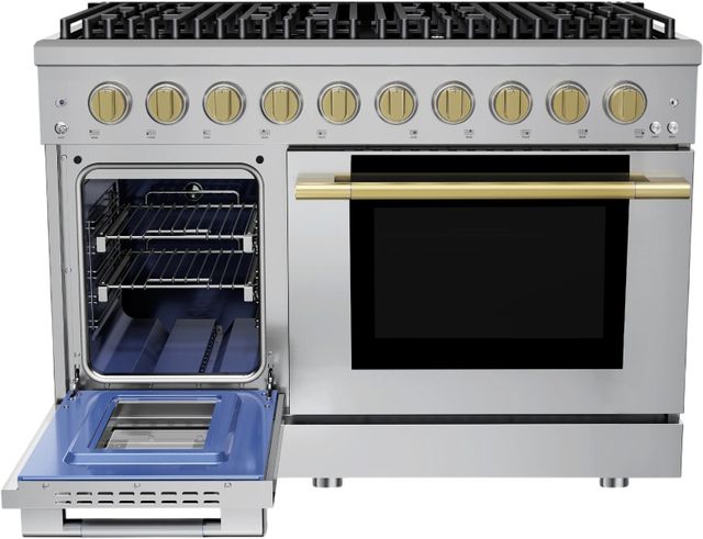 Hauslane HausPro 48" Stainless Steel Pro-Style Dual Fuel Range with Satin Brass Knobs-2
