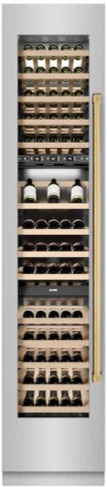 ZLINE Autograph Edition 18" 9.0 Cu. Ft. Triple Zone 68 Bottle Left Hinge Column Wine Cooler in Stainless Steel with Polished Gold Accents-3