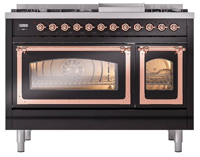 Ilve® Nostalgie II Noblesse 48'' Glossy Black Pro Style Dual Fuel Range with Copper Trim-1