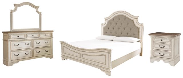 Signature Design by Ashley® Realyn 4-Piece Chipped White King Upholstered Panel Bed Set-0
