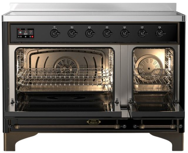 Ilve® Majestic III 48" Glossy Black Pro Style Induction Range with Solid Door and Burnished Trim-1