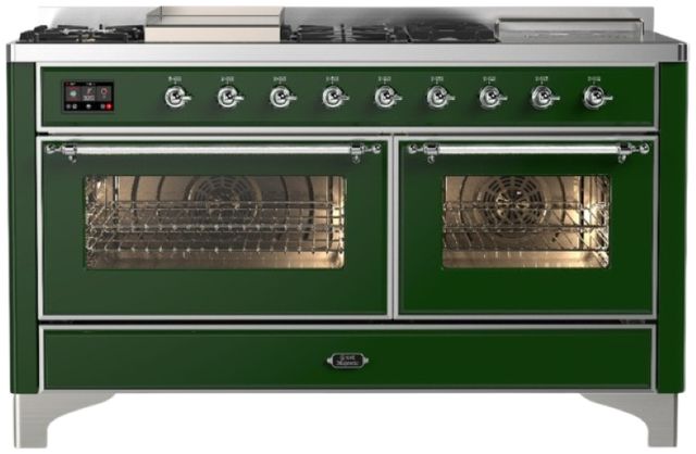 Ilve® Majestic III 60" Emerald Green Pro Style Dual Fuel Liquid Propane Range with French Top and Chrome Trim-0