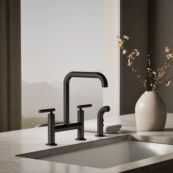 KOHLER® Purist® Matte Black 2-Hole Bridge Kitchen Sink Faucet with Side Sprayer-1