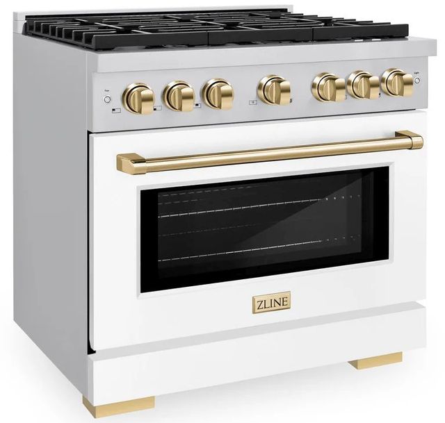 ZLINE Autograph Edition Paramount 36" Stainless Steel Pro Style Dual Fuel Range with White Matte Door and Polished Gold Accents-2