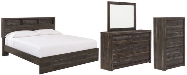 Benchcraft® Vay Bay 4-Piece Charcoal Queen Bookcase Panel Bed Set-0