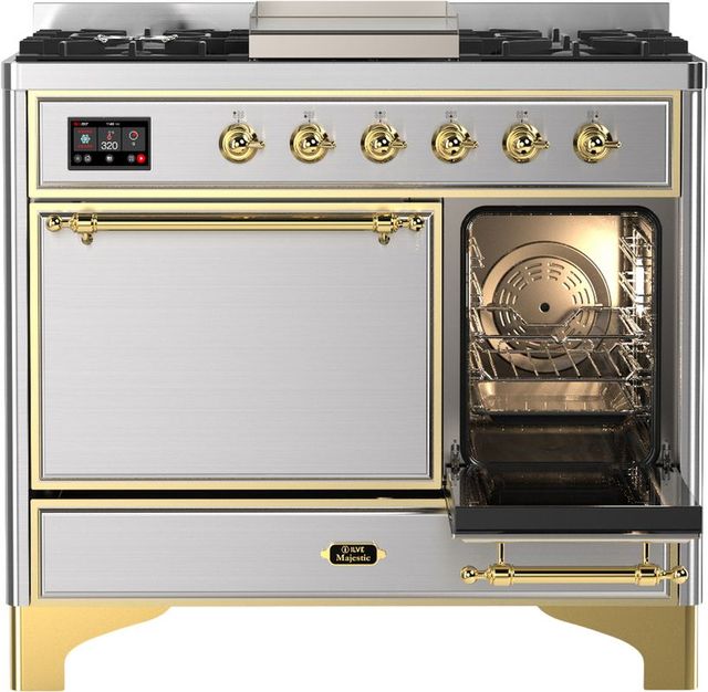Ilve® Majestic III 40" Stainless Steel Pro Style Dual Fuel Liquid Propane Range with Solid Door and Brass Trim-3