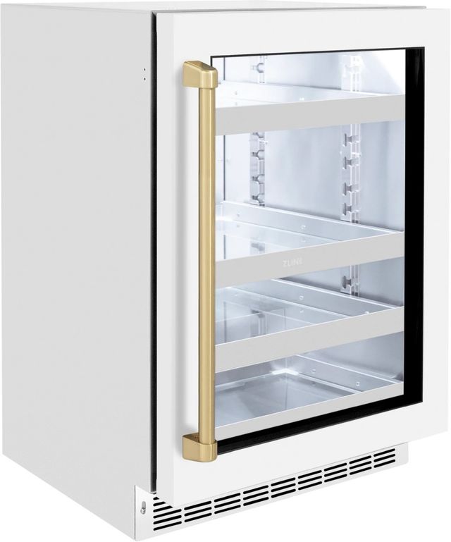ZLINE Autograph Edition Touchstone 24" 5.2 Cu. Ft. Stainless Steel Beverage Center with White Matte Glass Door and Champagne Bronze Handle-2