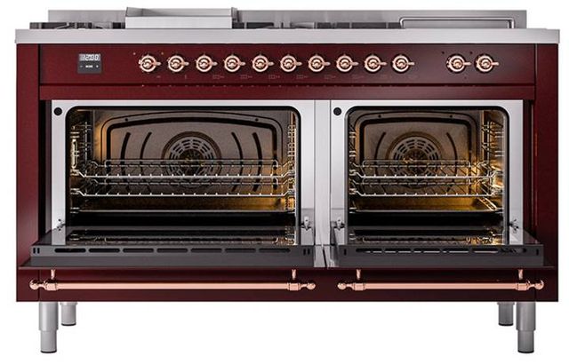 Ilve® Nostalgie II Noblesse 60'' Burgundy Pro Style Dual Fuel Range with Copper Trim-1