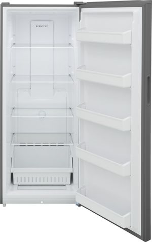 Front view of the opened Frigidaire® 16 Cu. Ft. Fingerprint-Resistant Stainless Steel Garage Ready Upright Freezer